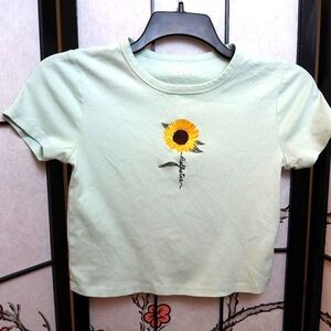 Hollister Y2K Sage Green and Yellow Sunflower Crop Top Baby Tee Small